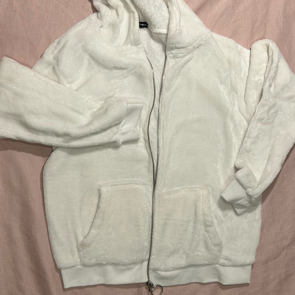 White fuzzy zip up sweater!